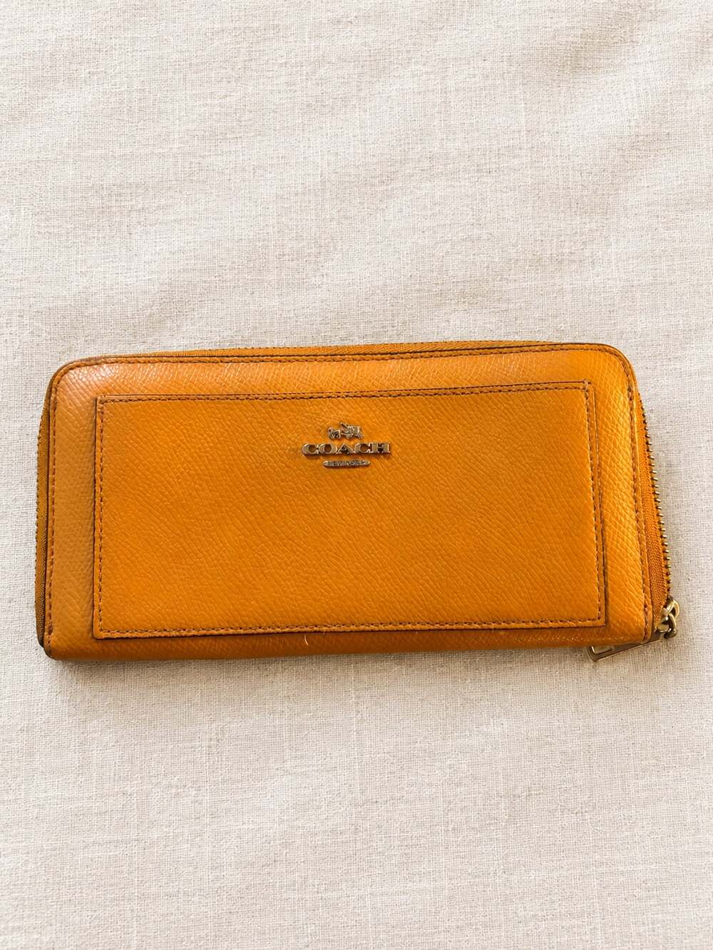 Coach Orange Crossgrain Leather Accordion Zip Wallet Signature Interior
